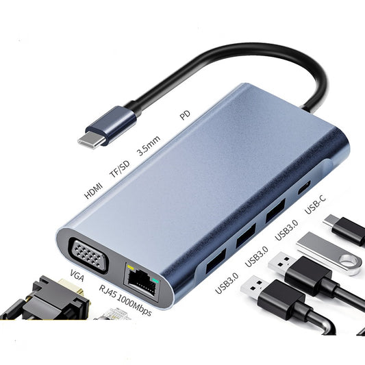 BUEROTIKA 11-in-1 Type-C Multiport Converter – HDMI 4K, VGA, USB 3.0, LAN, SD/TF, Audio