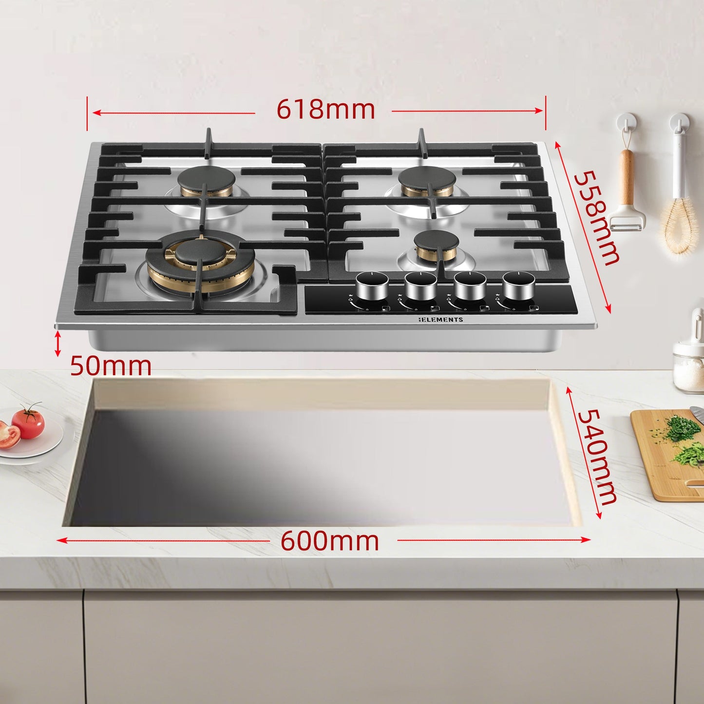 KB ELEMENTS Built-In Gas Cooktop 62cm – 4 SABAF® Burners with Flame Failure Safety Device (ELK60GH2-S)