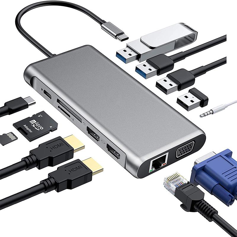 BUEROTIKA 12-in-1 Type-C Multiport Converter – 2× HDMI 4K, VGA, USB 3.0/2.0, LAN, SD/TF, Audio