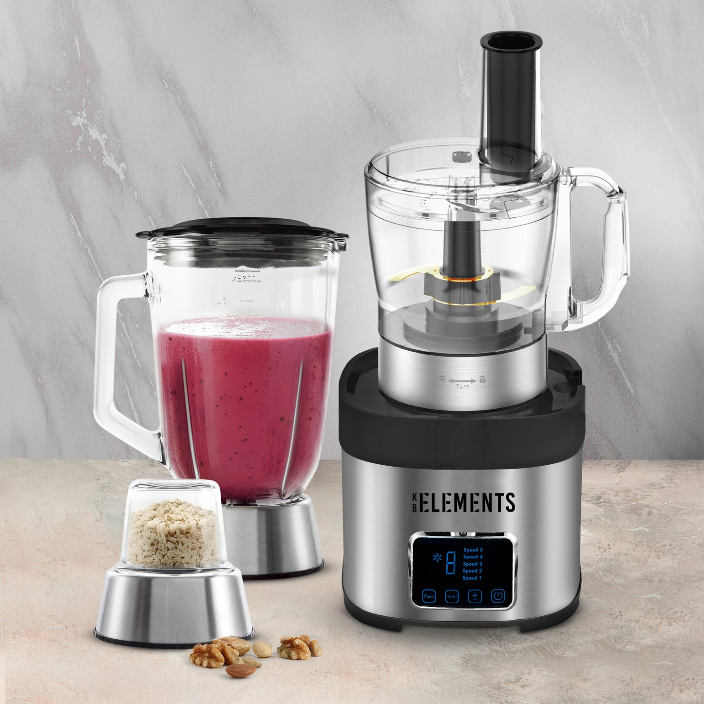 KB ELEMENTS 7-in-1 Multifunction Food Processor – Glass & Stainless Steel, 800W (ELK304FP)