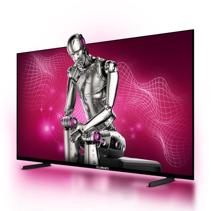 KB ELEMENTS 100-inch QLED Ultra HD Smart TV ELT100WQ8DE displaying the WebOS operating system with various app icons on a white background