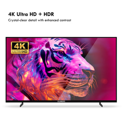 KB ELEMENTS 100-inch QLED display TV with a futuristic design on the screen, featuring rich colors and high brightness.
