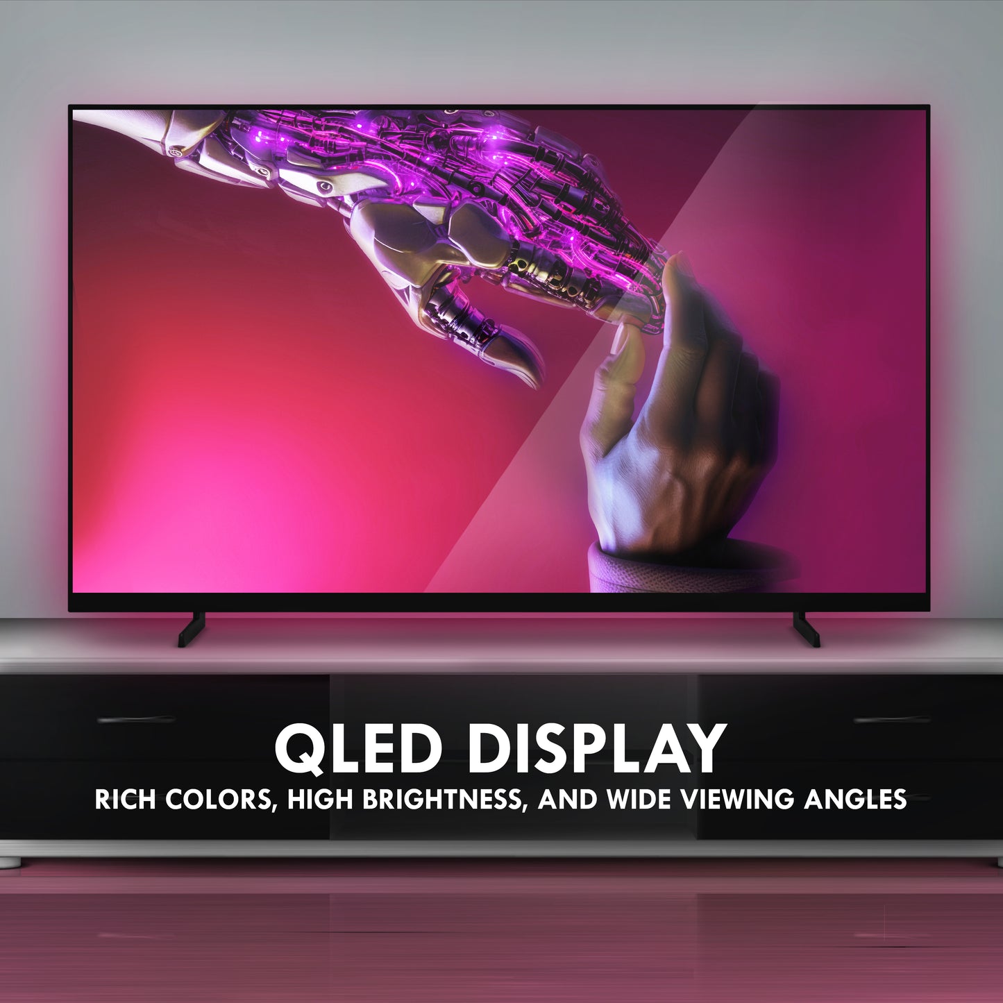 UHD QLED TV with a colorful display of a woman's profile on a white background