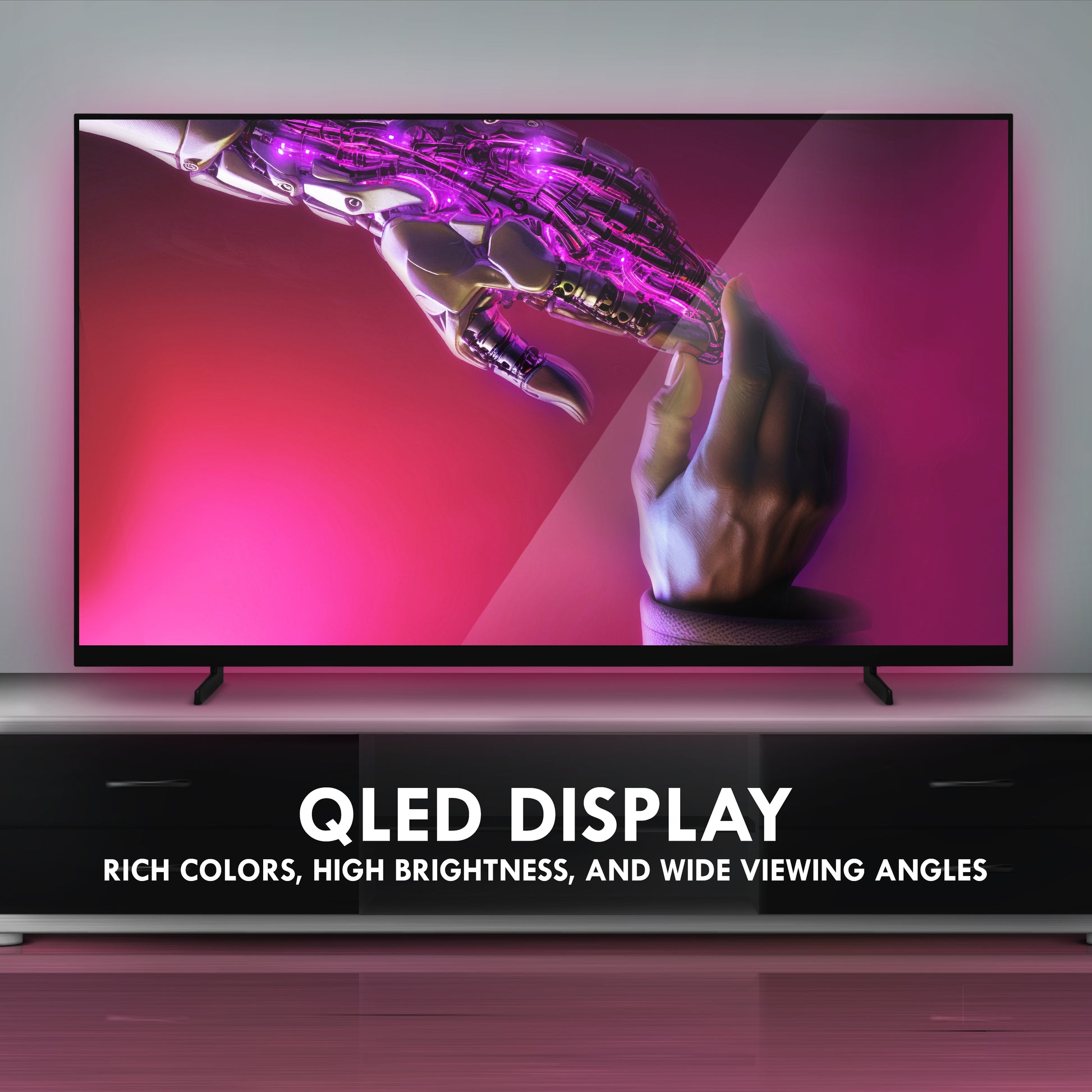 UHD QLED TV with a colorful display of a woman's profile on a white background