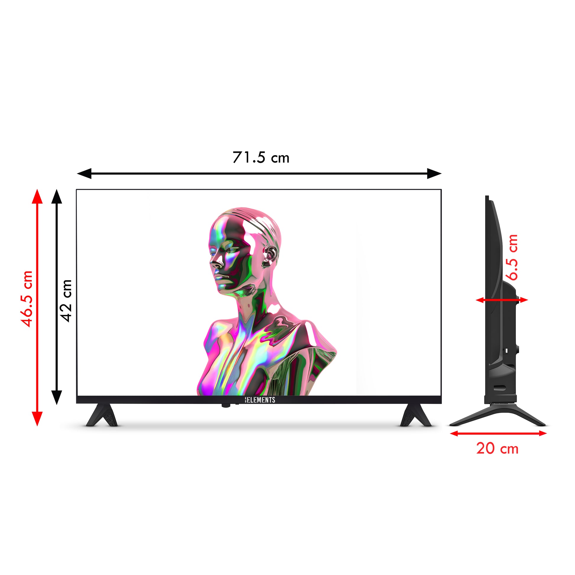 KB ELEMENTS 32-inch QLED Full HD Smart TV ELT32VQ8DE with VIDAA Smart system and frameless display dimensions.