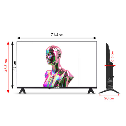 KB ELEMENTS 32-inch QLED Full HD Smart TV ELT32VQ8DE with VIDAA Smart system and frameless display dimensions.