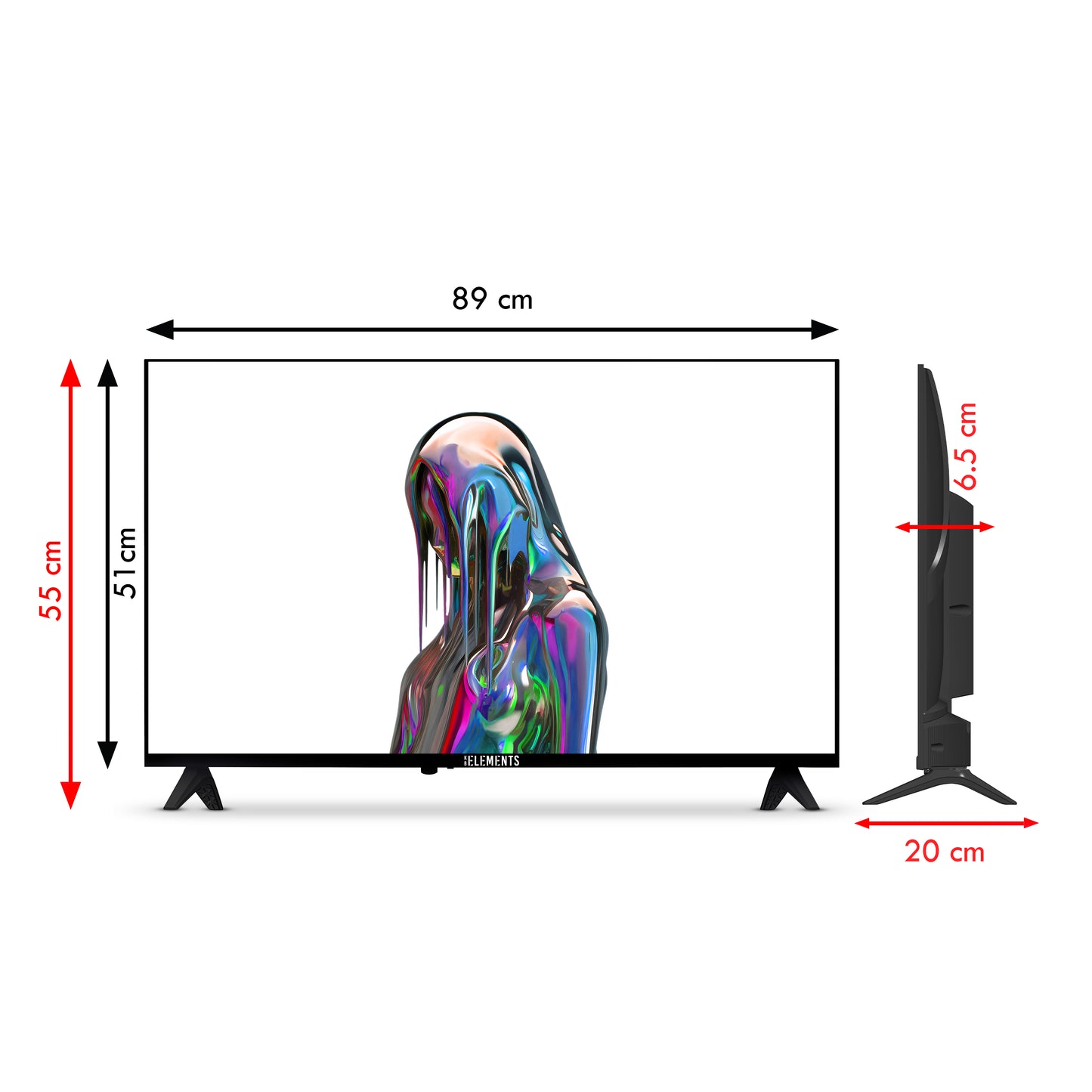 KB ELEMENTS 40-inch QLED Full HD Smart TV ELT32VQ8DE with VIDAA Smart system and frameless display dimensions.