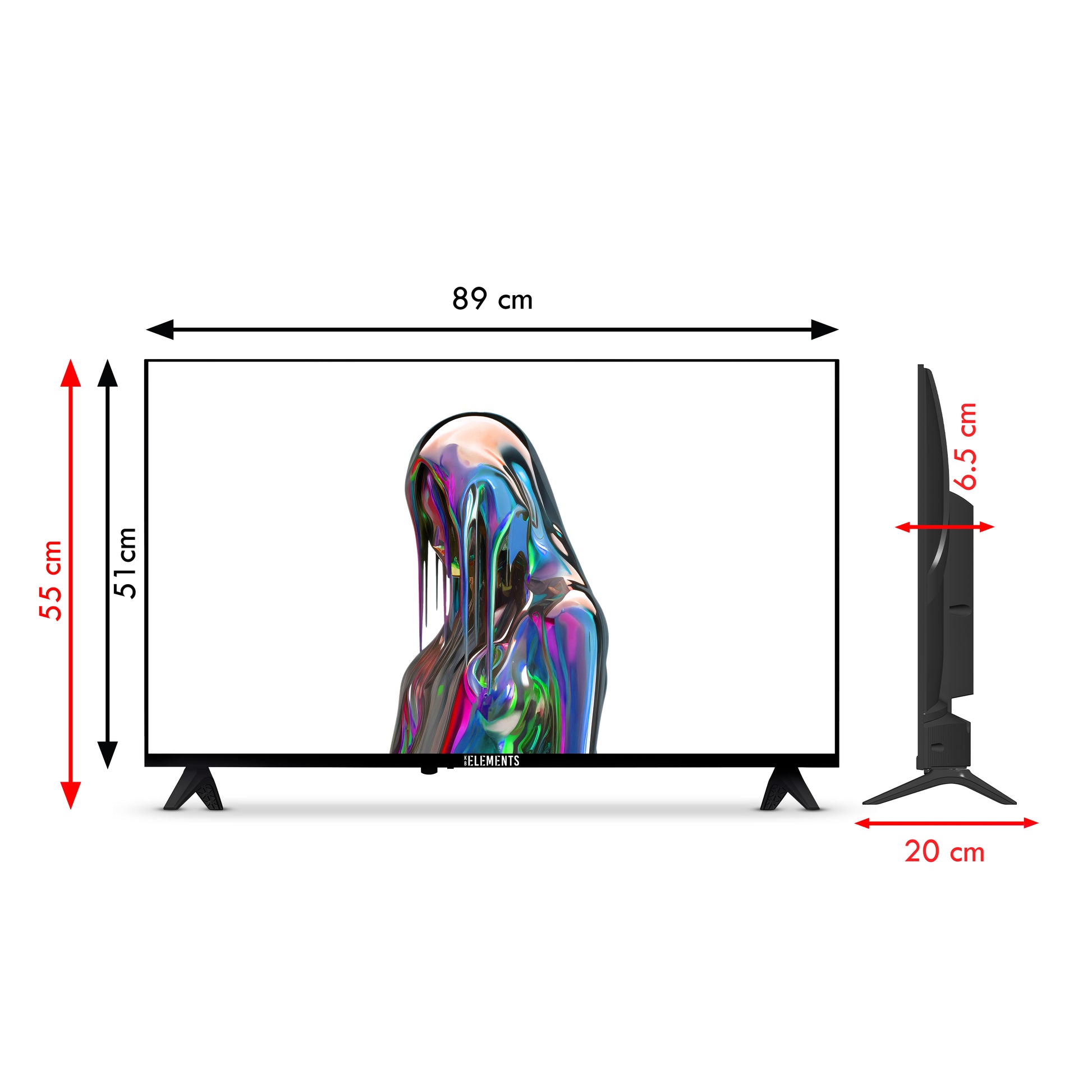 KB ELEMENTS 40-inch QLED Full HD Smart TV ELT32VQ8DE with VIDAA Smart system and frameless display dimensions.