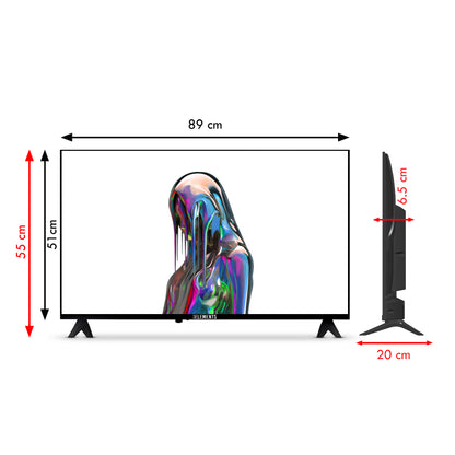 KB ELEMENTS 40-inch QLED Full HD Smart TV ELT32VQ8DE with VIDAA Smart system and frameless display dimensions.