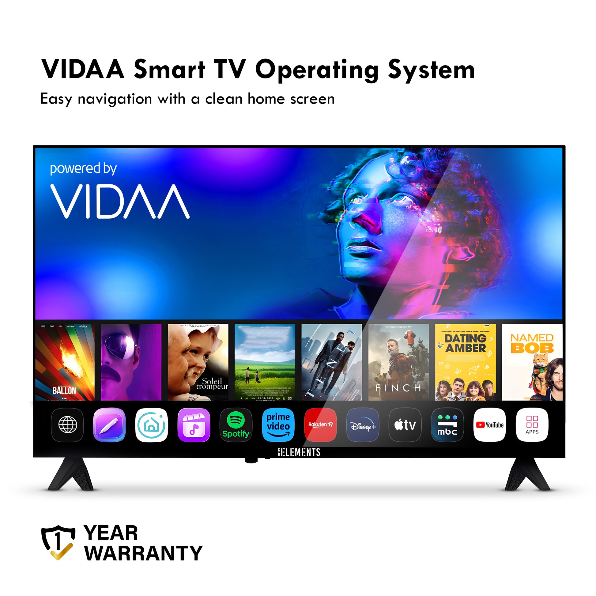KB ELEMENTS 40-inch QLED Full HD Smart TV ELT40VQ8DE displaying the VIDAA operating system with various app icons on a white background