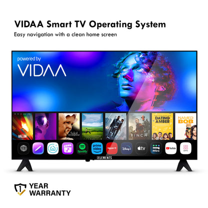 KB ELEMENTS 40-inch QLED Full HD Smart TV ELT40VQ8DE displaying the VIDAA operating system with various app icons on a white background