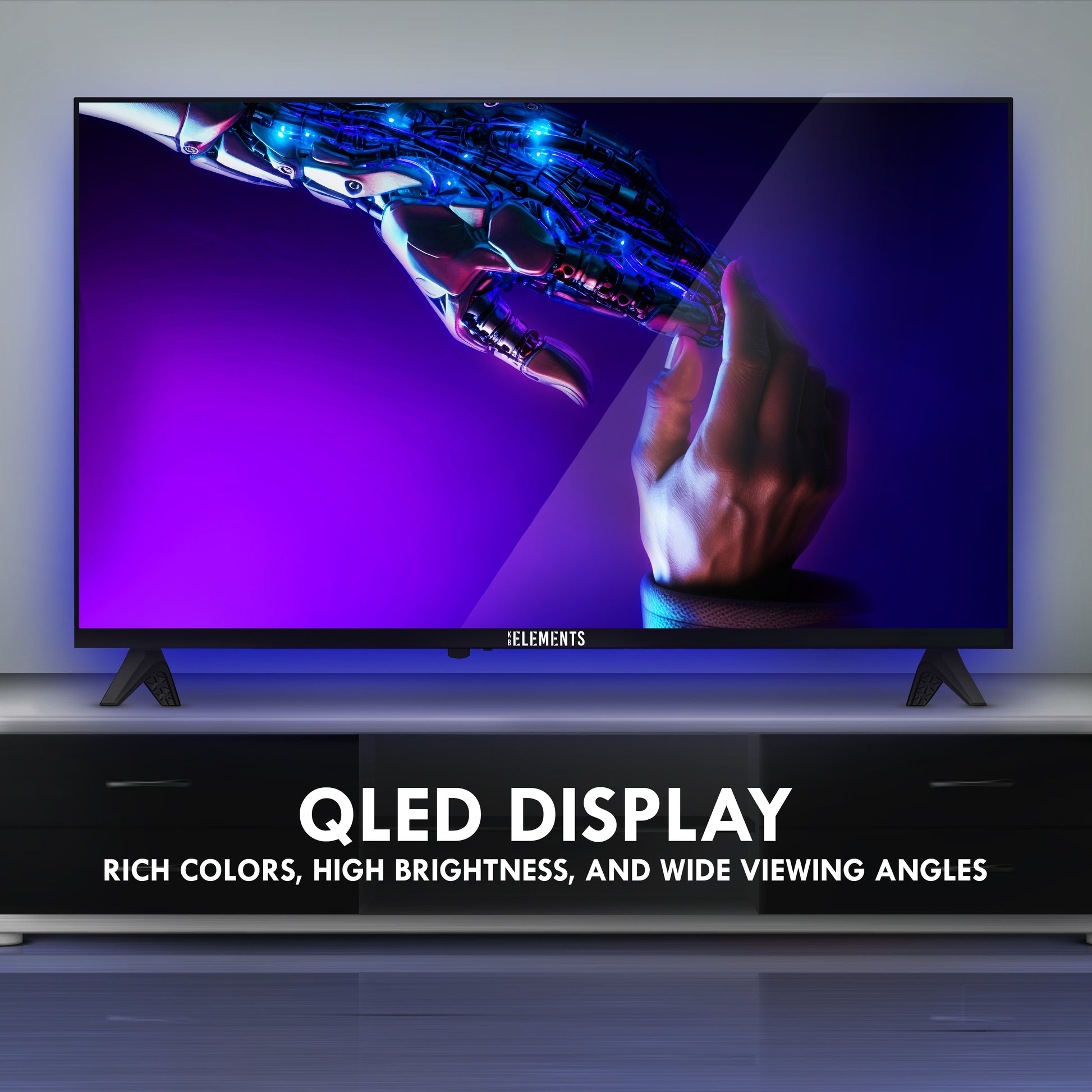 KB ELEMENTS 32-inch QLED display TV with a futuristic design on the screen, featuring rich colors and high brightness.