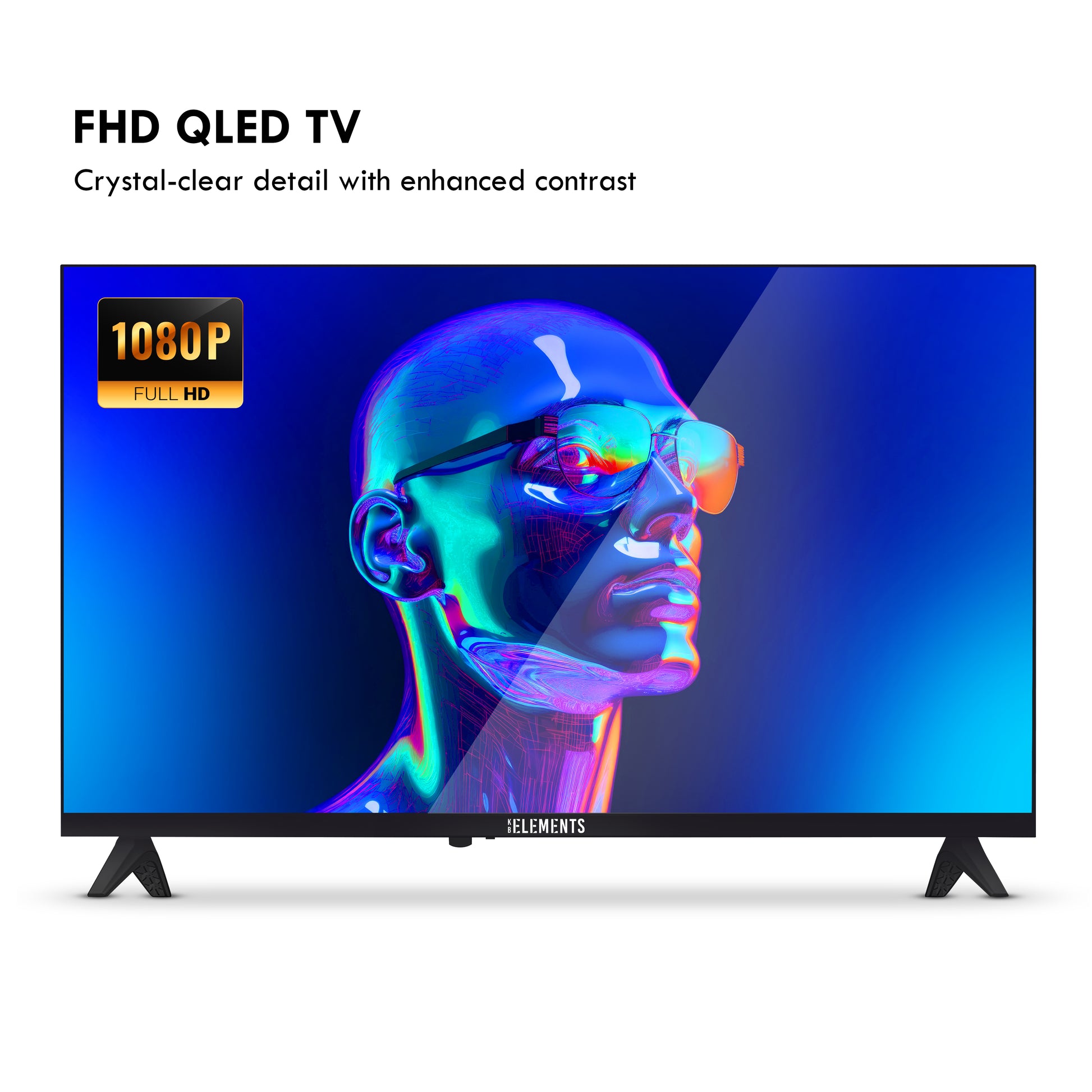 FHD QLED TV with a colorful display of a woman's profile on a white background