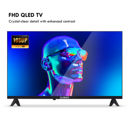 FHD QLED TV with a colorful display of a woman's profile on a white background