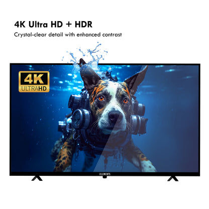 KB ELEMENTS 43-inch QLED display TV with a futuristic design on the screen, featuring rich colors and high brightness.