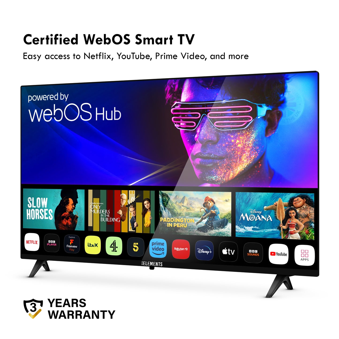 KB ELEMENTS 43-inch QLED Ultra HD Smart TV ELT43WQ8DE displaying the WebOS operating system with various app icons on a white background