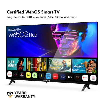 KB ELEMENTS 43-inch QLED Ultra HD Smart TV ELT43WQ8DE displaying the WebOS operating system with various app icons on a white background