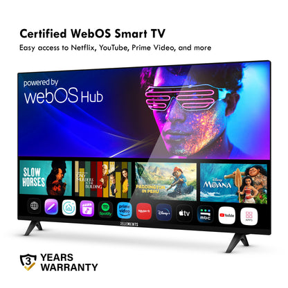 KB ELEMENTS 50-inch QLED Ultra HD Smart TV ELT50WQ8DE displaying the WebOS operating system with various app icons on a white background