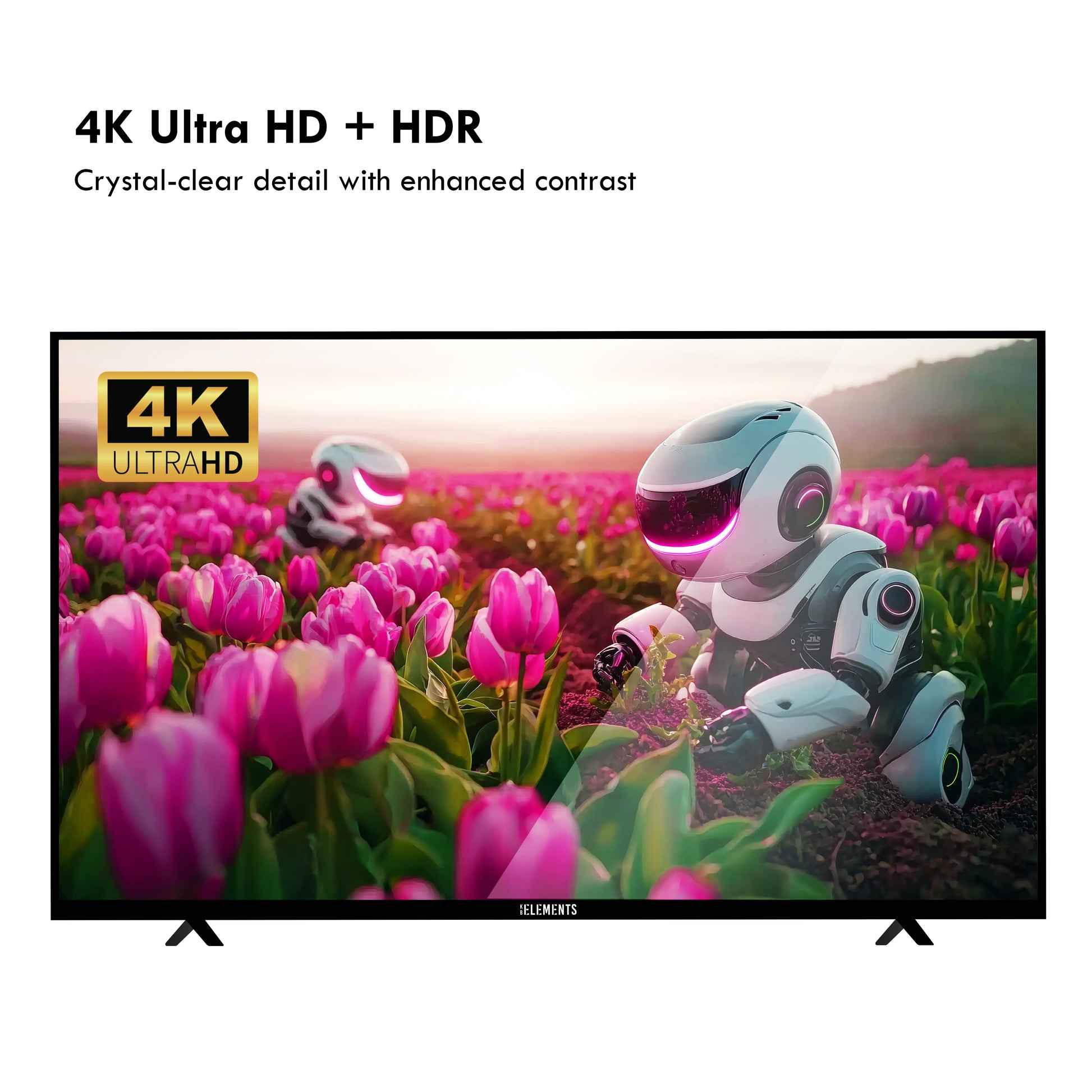 KB ELEMENTS 50-inch QLED display TV with a futuristic design on the screen, featuring rich colors and high brightness.