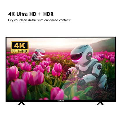 KB ELEMENTS 50-inch QLED display TV with a futuristic design on the screen, featuring rich colors and high brightness.