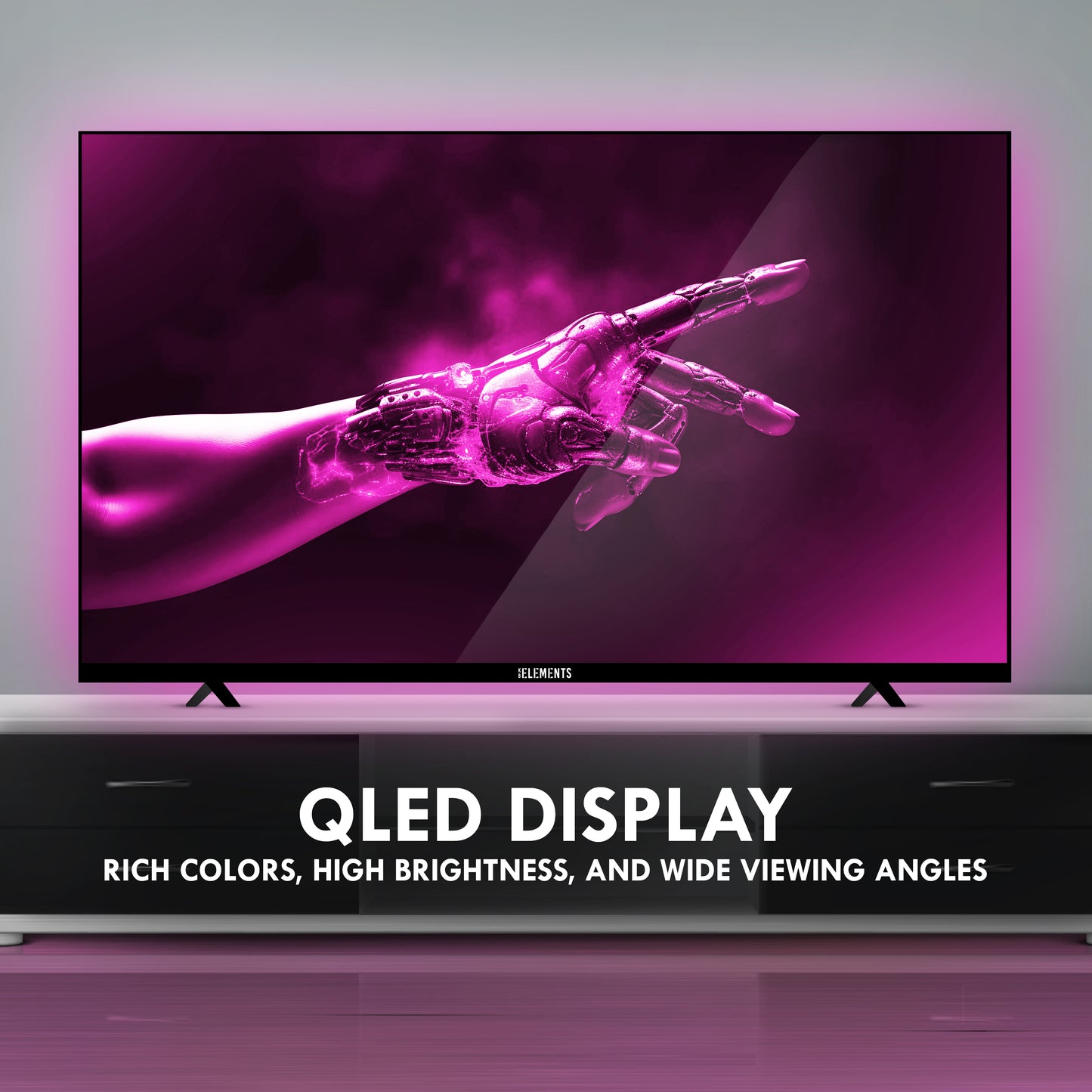 UHD QLED TV with a colorful display of a Hand's profile on a white background