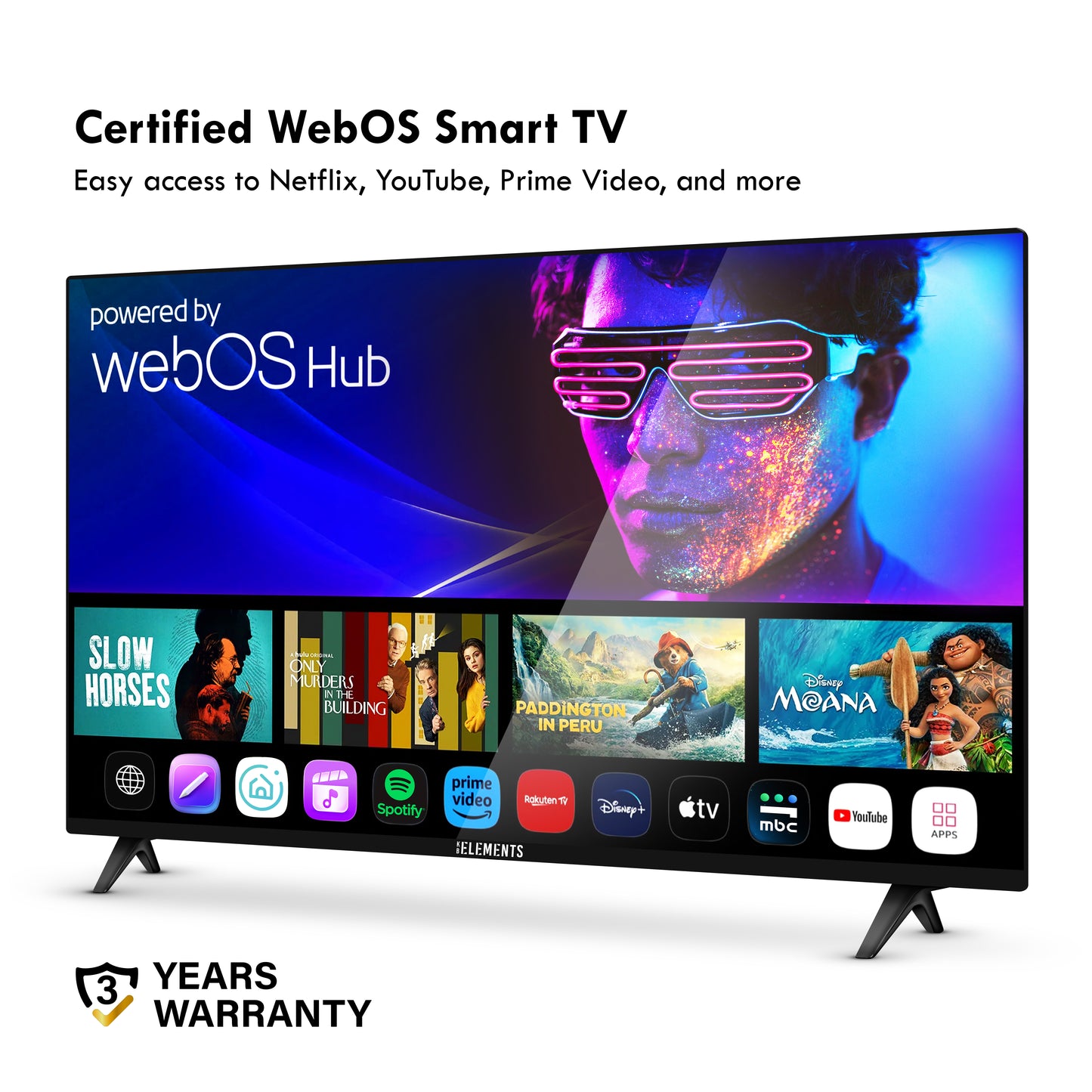 KB ELEMENTS 55-inch QLED Ultra HD Smart TV ELT55WQ8DE displaying the WebOS operating system with various app icons on a white background