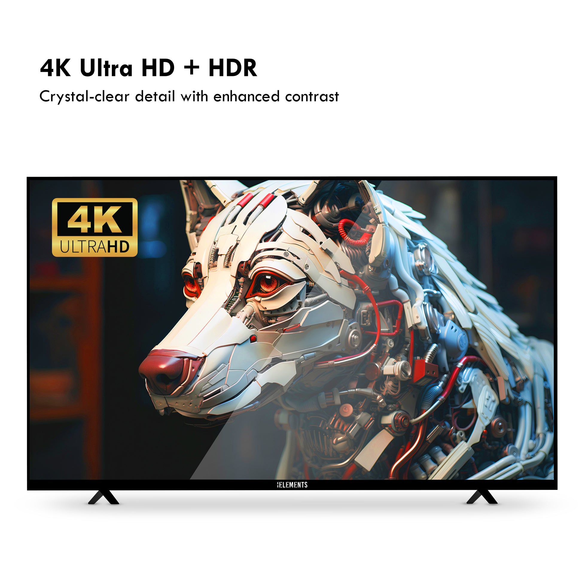 KB ELEMENTS 55-inch QLED display TV with a futuristic design on the screen, featuring rich colors and high brightness.