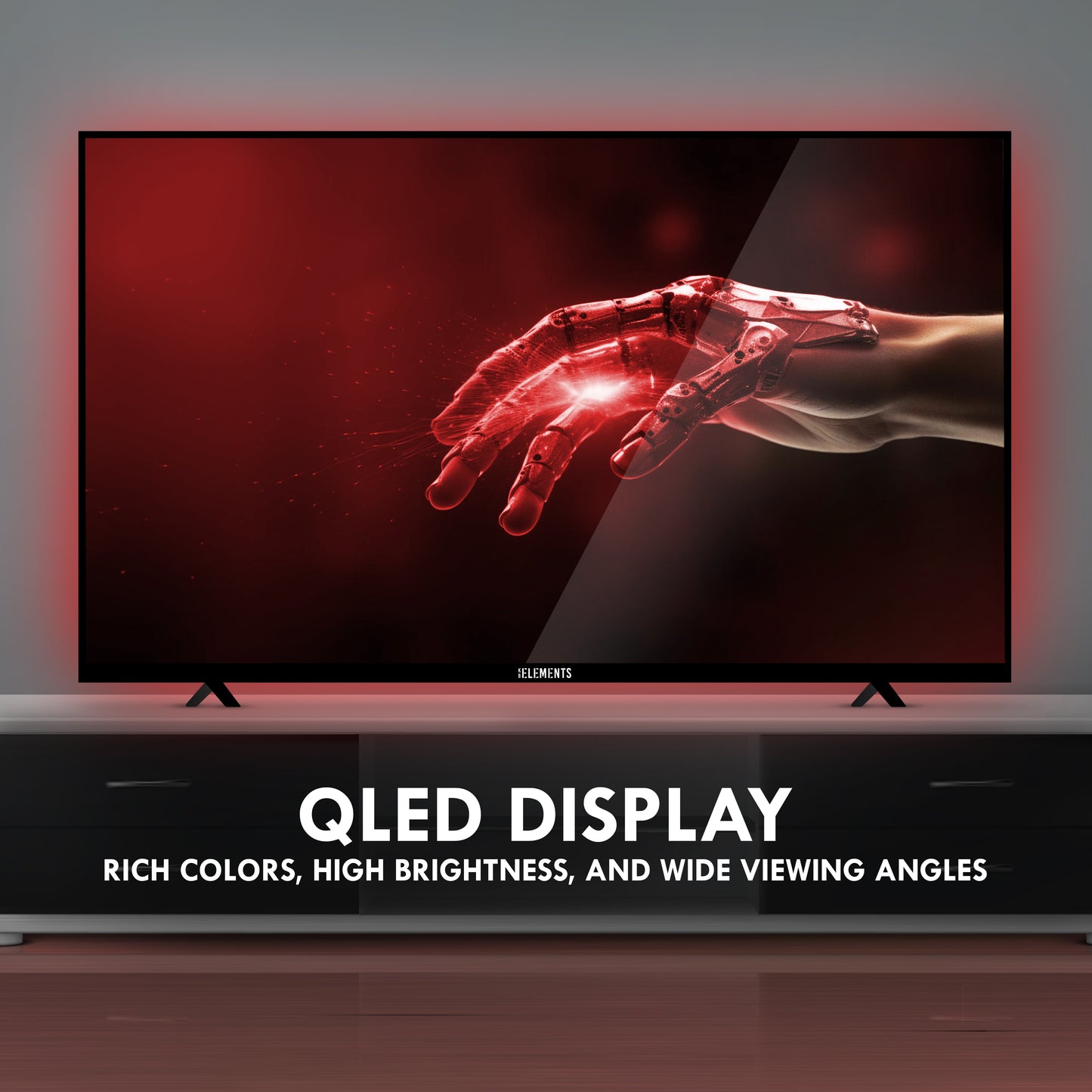 UHD QLED TV with a colorful display of a Hand's profile on a white background