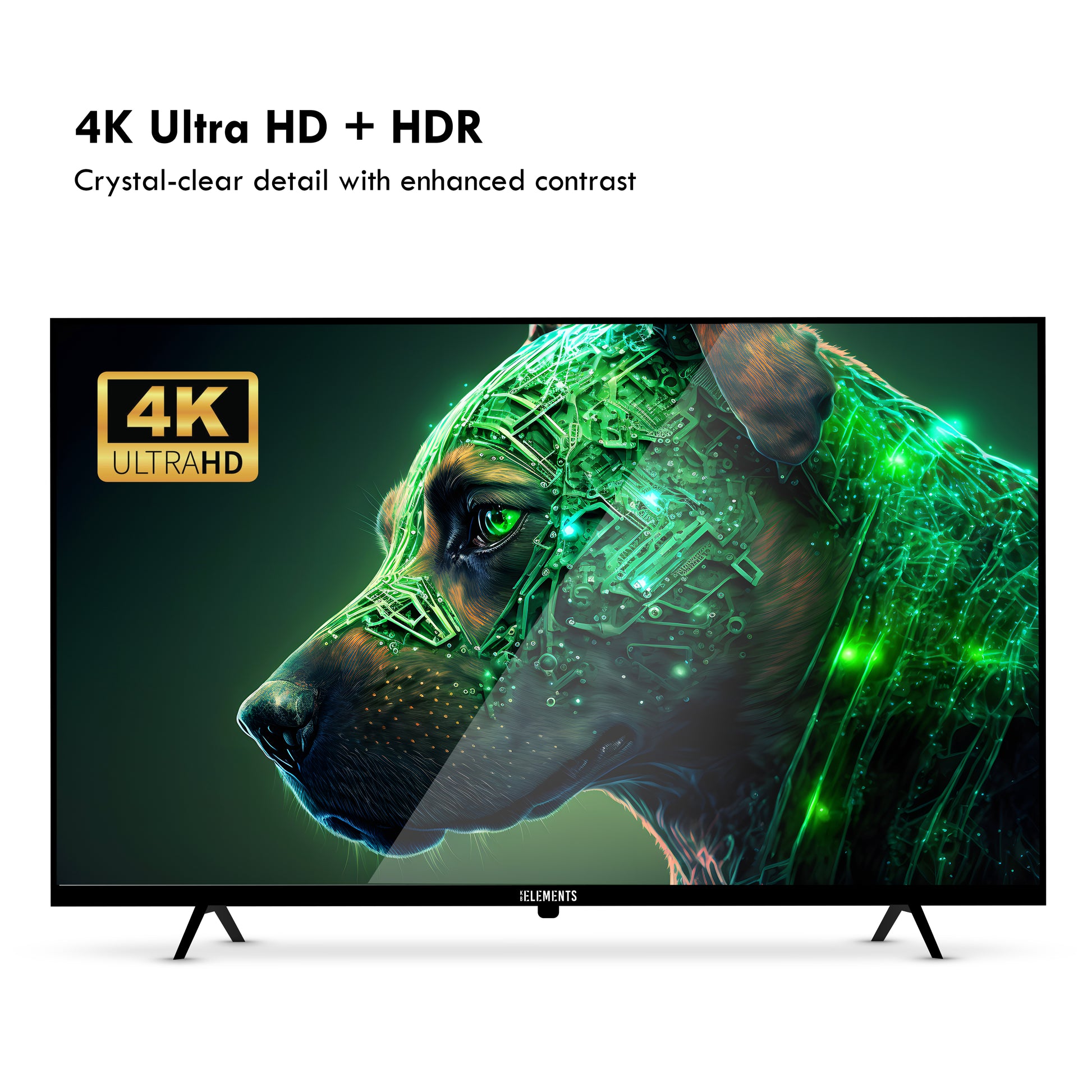KB ELEMENTS 65-inch QLED display TV with a futuristic design on the screen, featuring rich colors and high brightness.