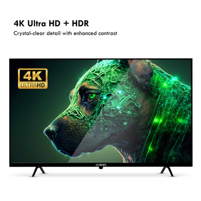 KB ELEMENTS 65-inch QLED display TV with a futuristic design on the screen, featuring rich colors and high brightness.