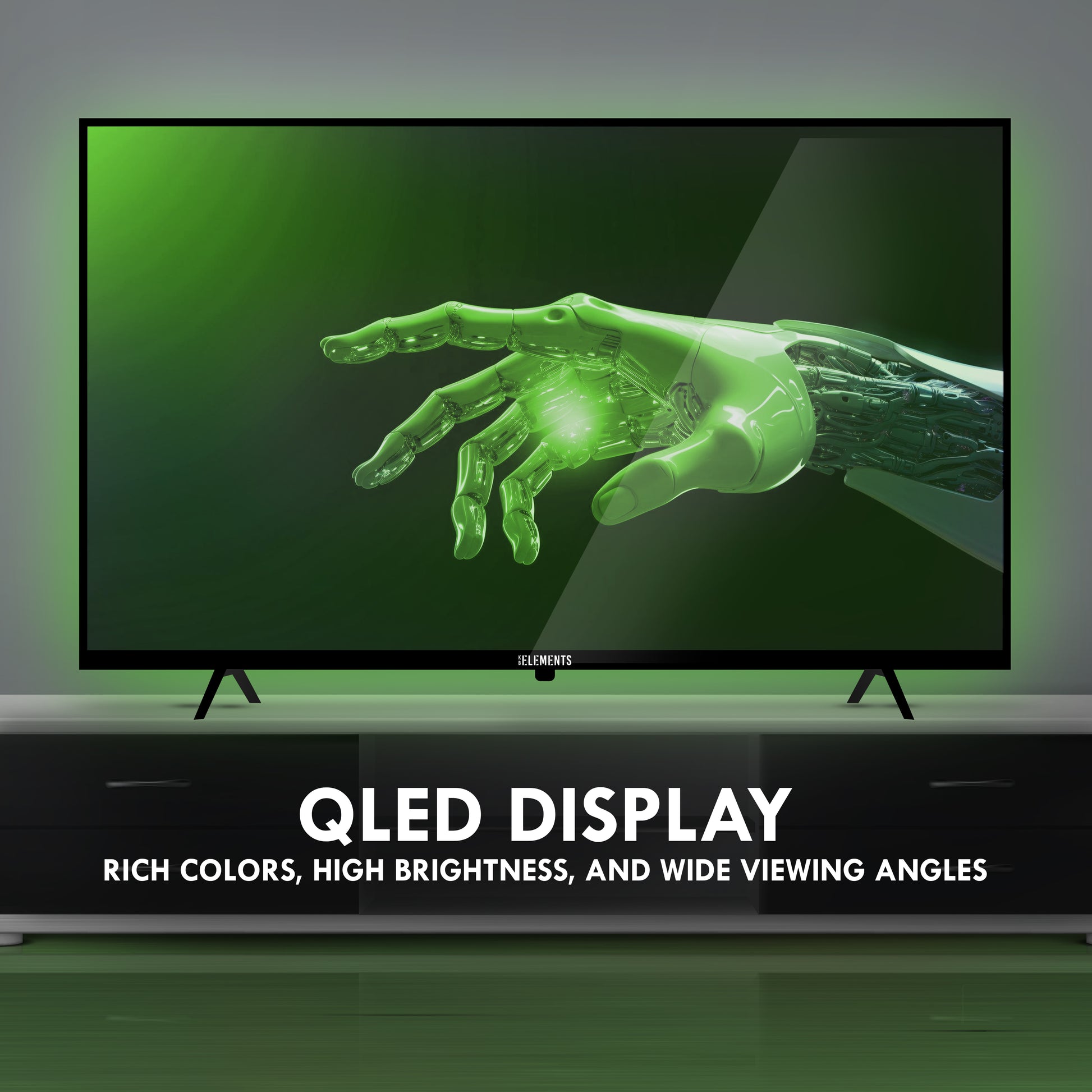 UHD QLED TV with a colorful display of a Hand's profile on a white background