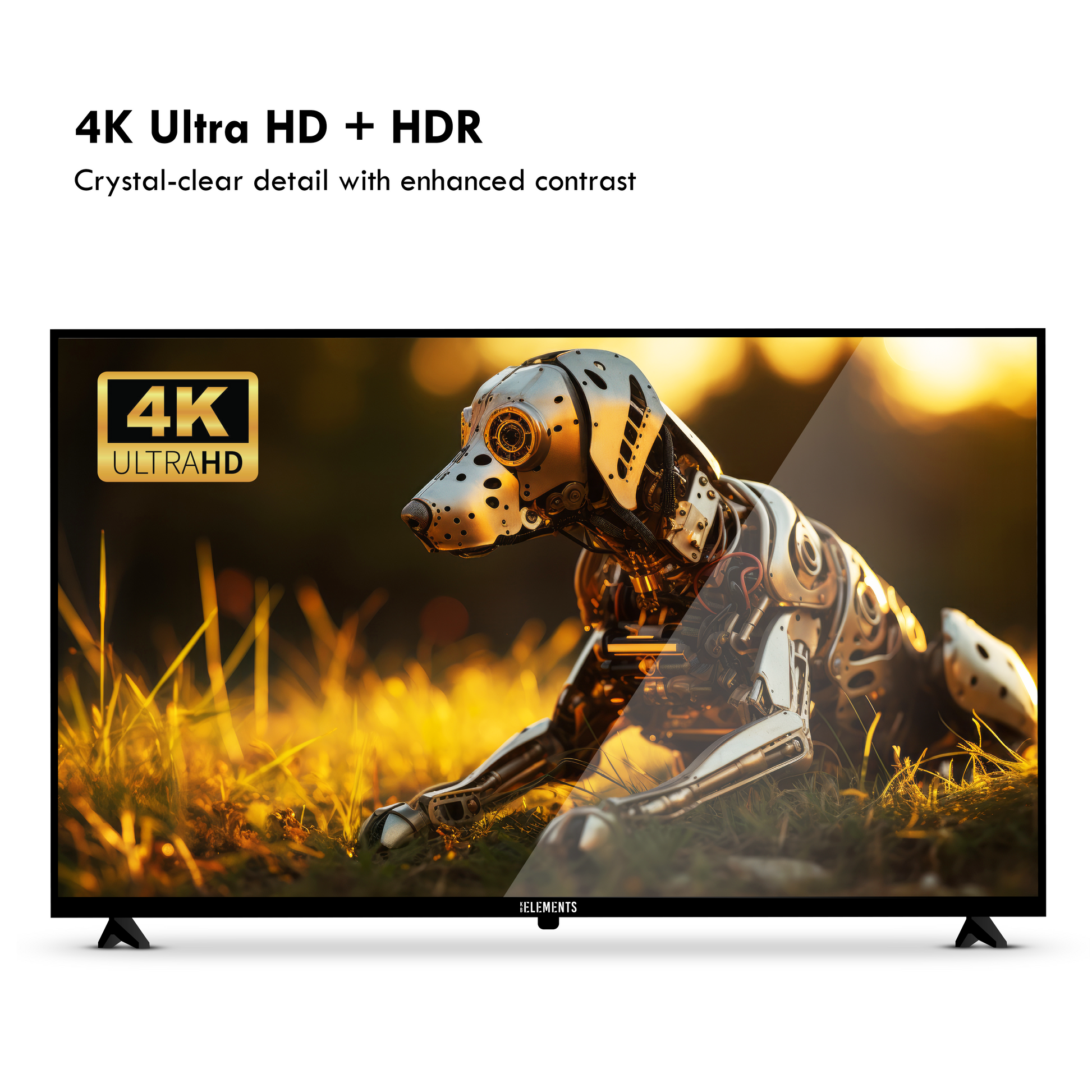 KB ELEMENTS 70-inch QLED display TV with a futuristic design on the screen, featuring rich colors and high brightness.