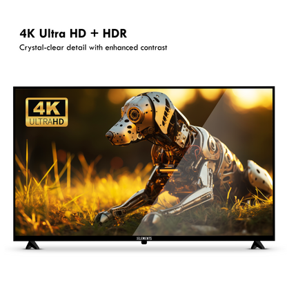 KB ELEMENTS 70-inch QLED display TV with a futuristic design on the screen, featuring rich colors and high brightness.