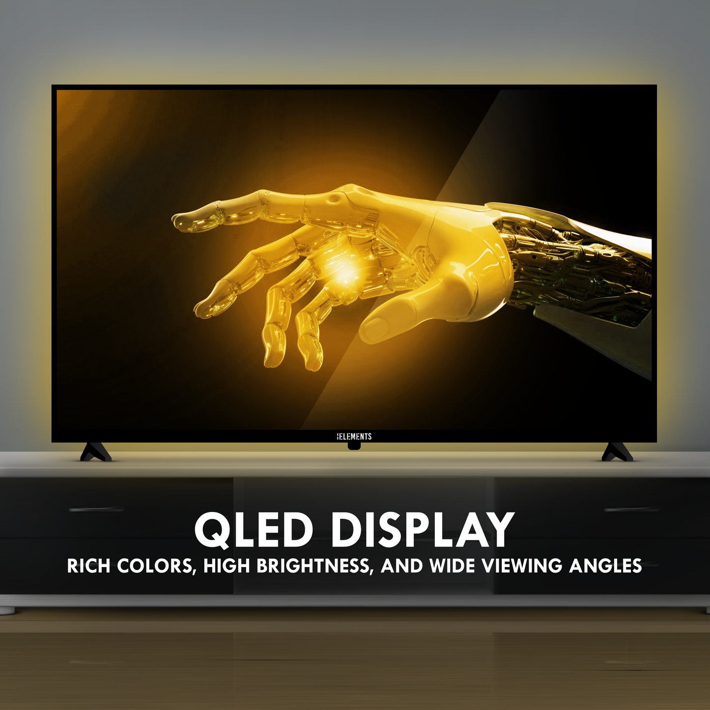 UHD QLED TV with a colorful display of a hand's profile on a white background