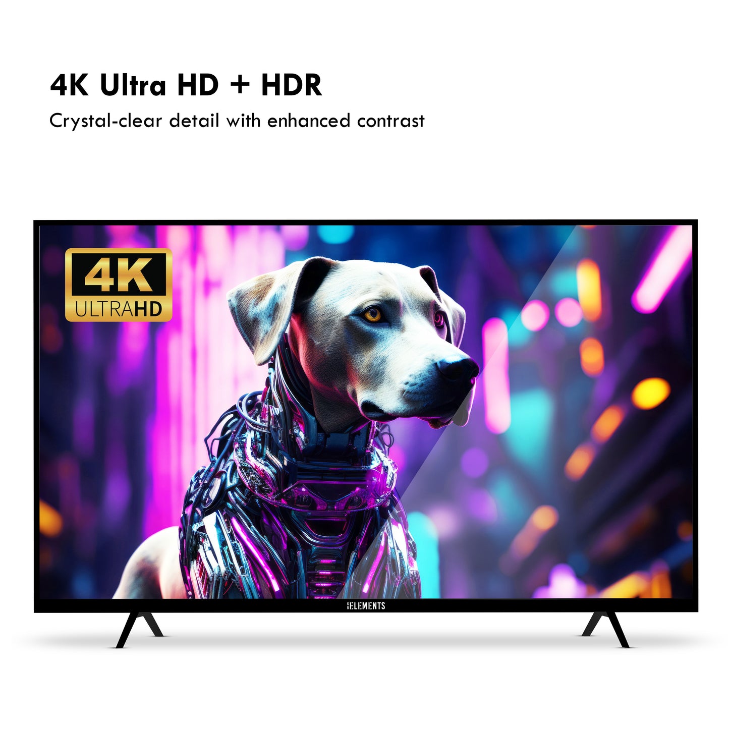 KB ELEMENTS 75-inch QLED display TV with a futuristic design on the screen, featuring rich colors and high brightness.