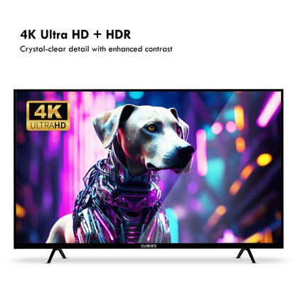 KB ELEMENTS 75-inch QLED display TV with a futuristic design on the screen, featuring rich colors and high brightness.