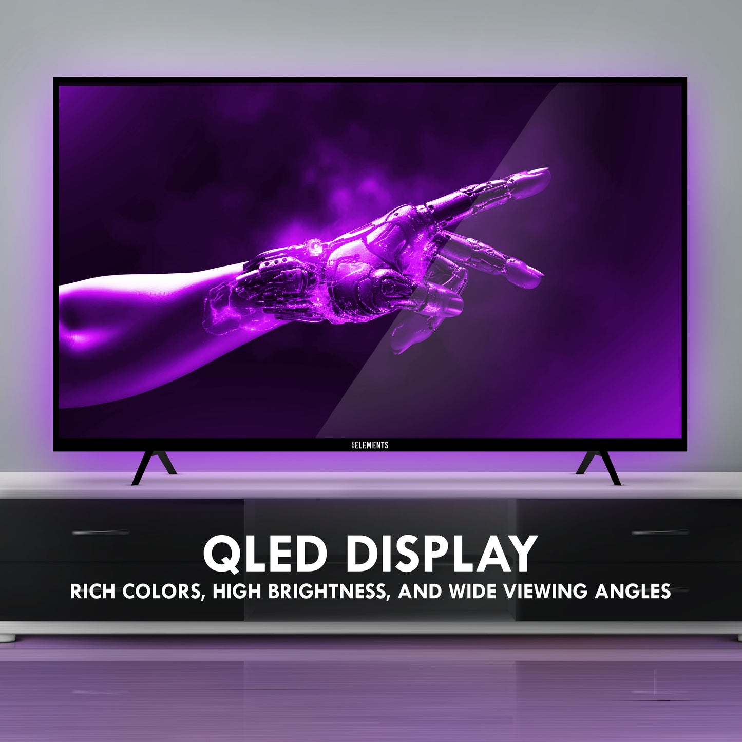 UHD QLED TV with a colorful display of a hand's profile on a white background