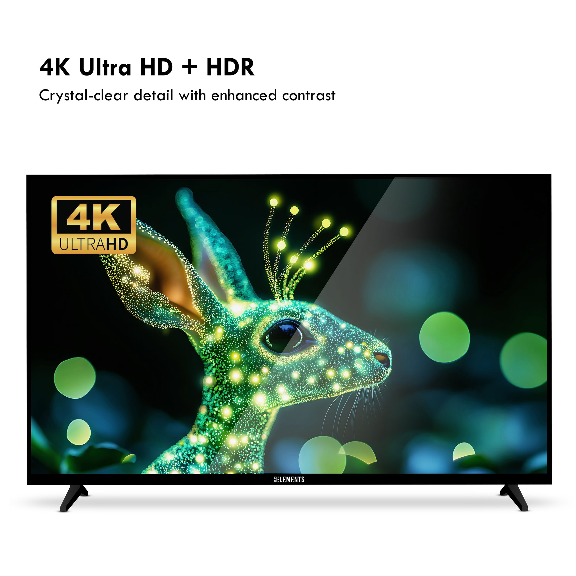 KB ELEMENTS 85-inch QLED display TV with a futuristic design on the screen, featuring rich colors and high brightness.
