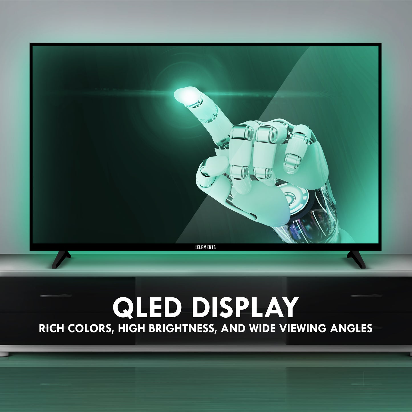 UHD QLED TV with a colorful display of hand's profile on a white background