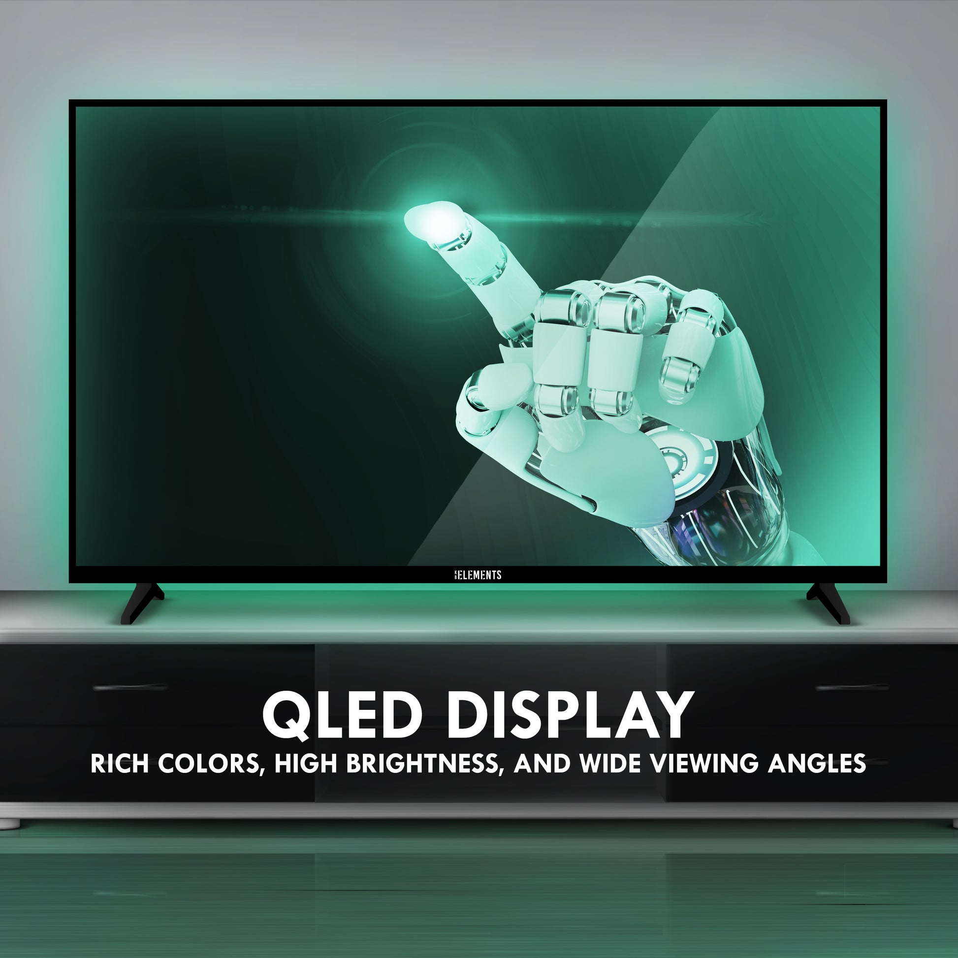 UHD QLED TV with a colorful display of hand's profile on a white background