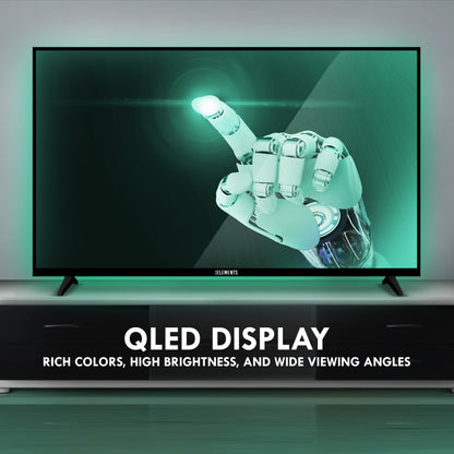 UHD QLED TV with a colorful display of hand's profile on a white background