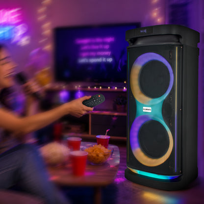 KB ELEMENTS Karaoke Speaker with 2-Wheel Trolley, Dual 8" Subwoofers & Wireless Microphones (EA104KB)